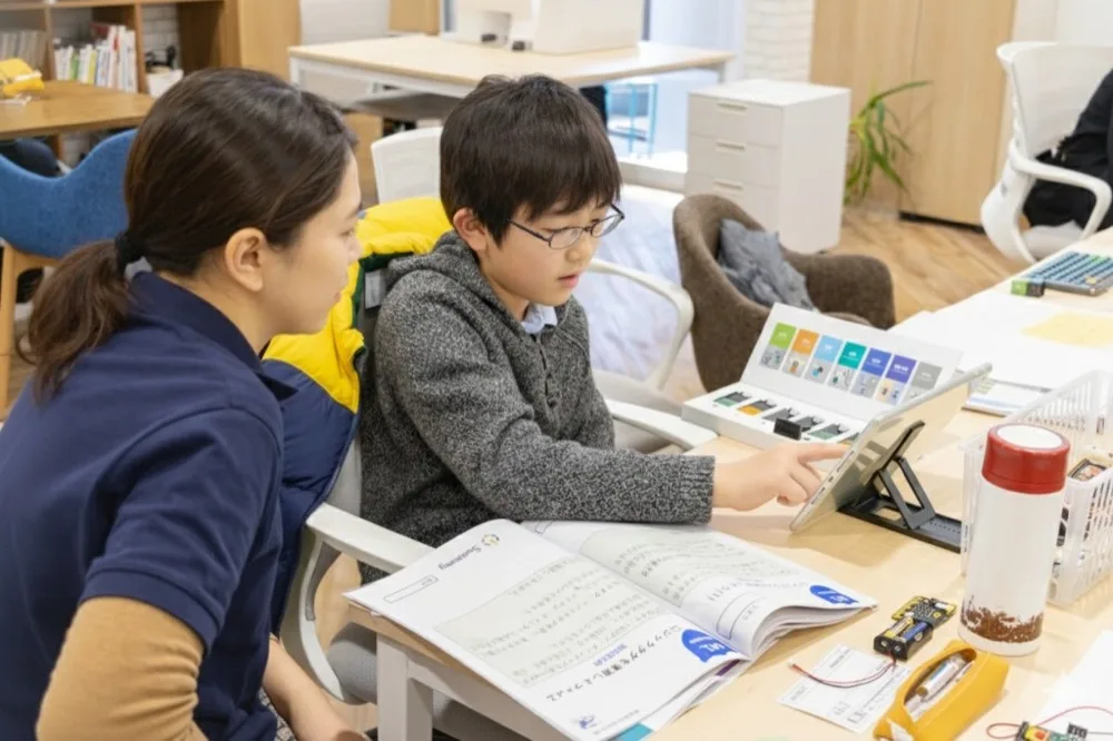 作る・試す・発表する 学びのプロセス - メンターと子どもがタブレットと電子部品で学ぶ様子